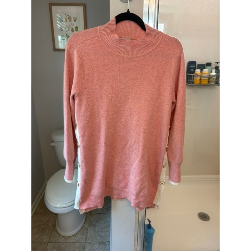 Chico's‎ Side Button Mock Neck Sweater Size 1 Medium Pink Cashmere Blend Tunic